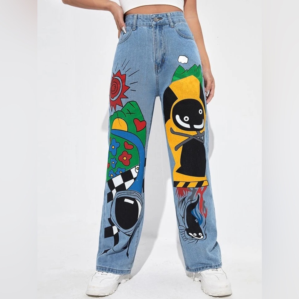 MISS LOOK women’s jeans y2k painted graffiti trousers baggy colorful edgy M